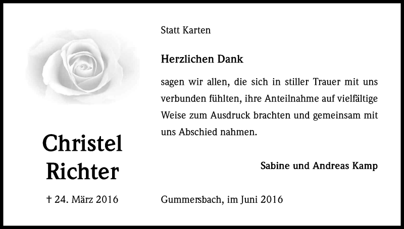  Traueranzeige für Christel Richter vom 04.06.2016 aus Kölner Stadt-Anzeiger / Kölnische Rundschau / Express
