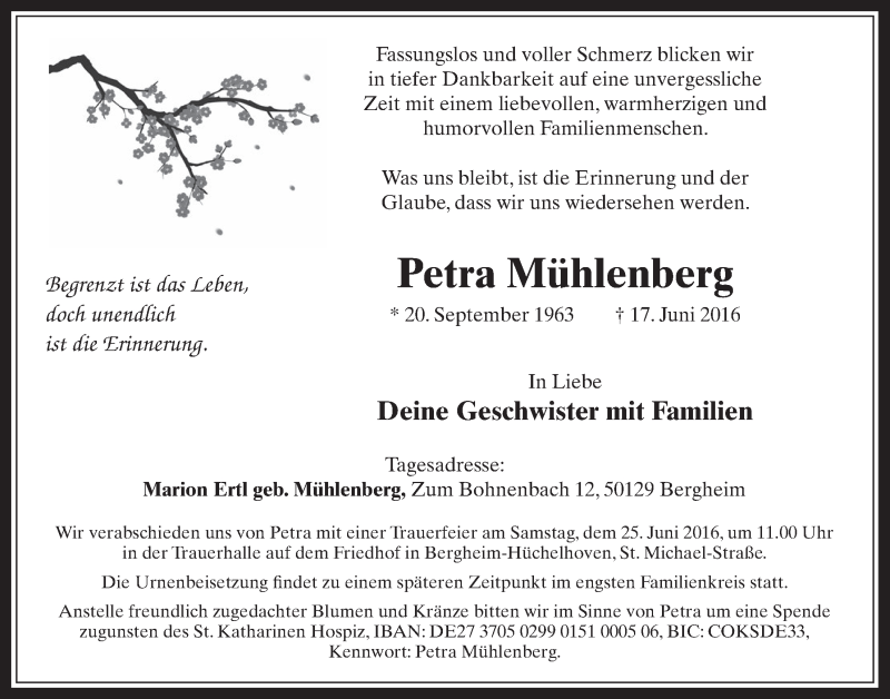  Traueranzeige für Petra Mühlenberg vom 22.06.2016 aus  Werbepost 
