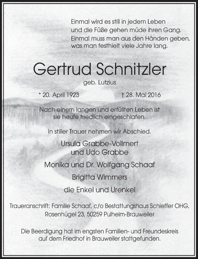  Traueranzeige für Gertrud Schnitzler vom 04.06.2016 aus  Sonntags-Post 