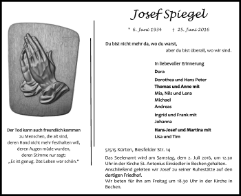Anzeige von Josef Spiegel von Kölner Stadt-Anzeiger / Kölnische Rundschau / Express