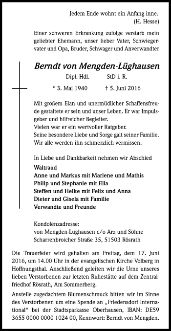 Anzeige von Berndt von Mengden-Lüghausen von Kölner Stadt-Anzeiger / Kölnische Rundschau / Express