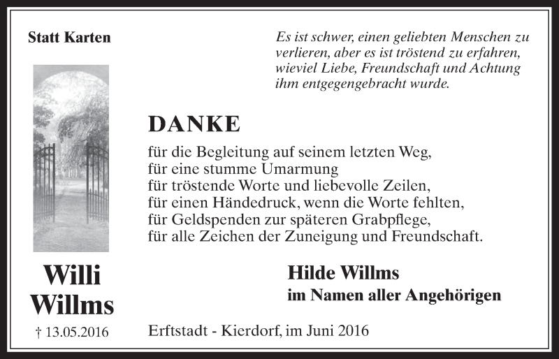  Traueranzeige für Willi Willms vom 15.06.2016 aus  Werbepost 