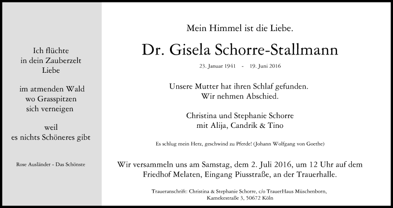  Traueranzeige für Gisela Schorre-Stallmann vom 29.06.2016 aus Kölner Stadt-Anzeiger / Kölnische Rundschau / Express