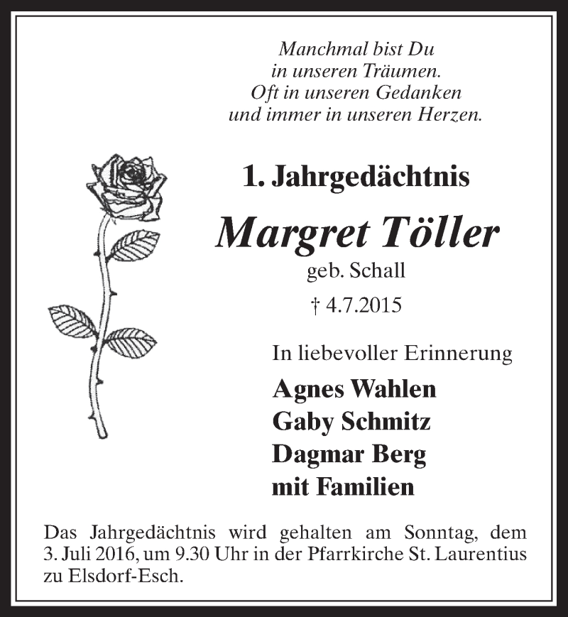  Traueranzeige für Margret Töller vom 29.06.2016 aus  Werbepost 