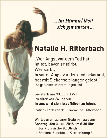 Anzeige von Natalie H. Ritterbach von Kölner Stadt-Anzeiger / Kölnische Rundschau / Express