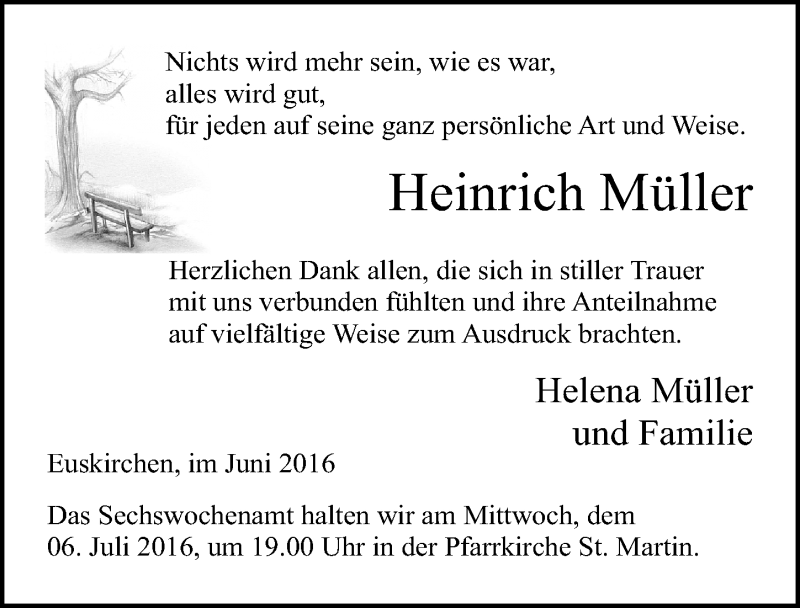  Traueranzeige für Heinrich Müller vom 25.06.2016 aus  Blickpunkt Euskirchen 