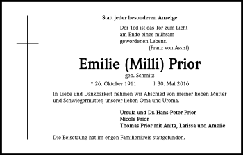 Anzeige von Emilie Prior von Kölner Stadt-Anzeiger / Kölnische Rundschau / Express