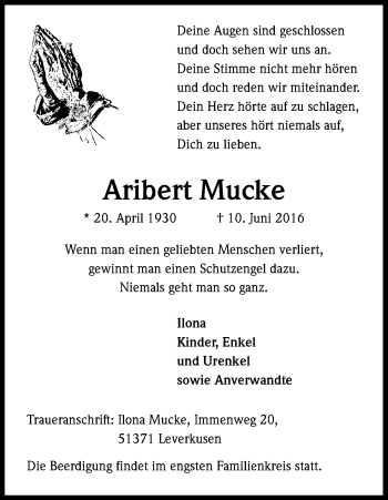 Anzeige von Aribert Mucke von Kölner Stadt-Anzeiger / Kölnische Rundschau / Express
