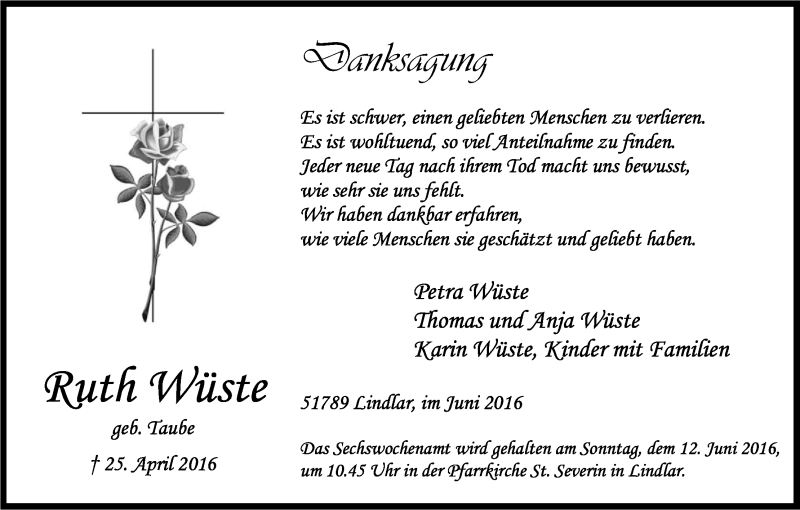  Traueranzeige für Ruth Wüste vom 10.06.2016 aus Kölner Stadt-Anzeiger / Kölnische Rundschau / Express