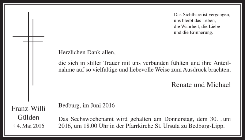  Traueranzeige für Franz-Willi Gülden vom 29.06.2016 aus  Werbepost 