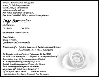 Anzeige von Inge Bormacher von Kölner Stadt-Anzeiger / Kölnische Rundschau / Express
