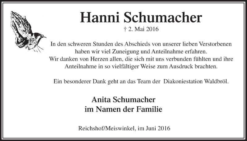  Traueranzeige für Hanni Schumacher vom 22.06.2016 aus  Lokalanzeiger 