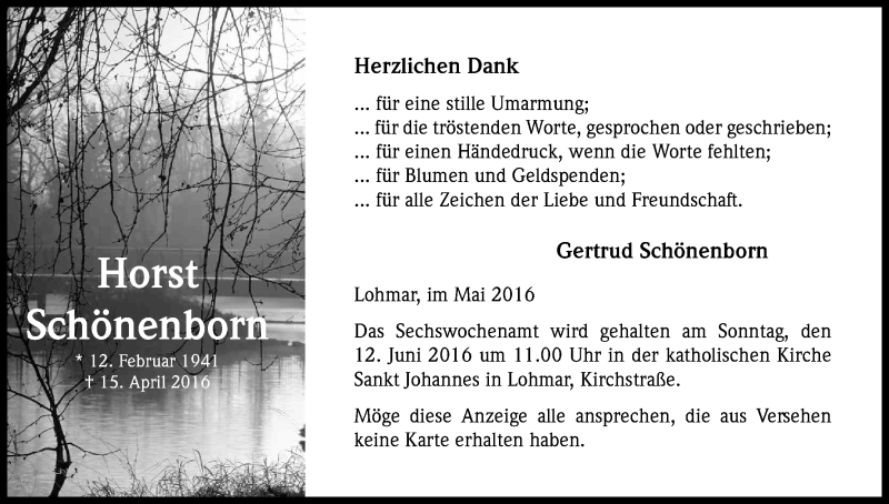  Traueranzeige für Horst Schönenborn vom 04.06.2016 aus Kölner Stadt-Anzeiger / Kölnische Rundschau / Express
