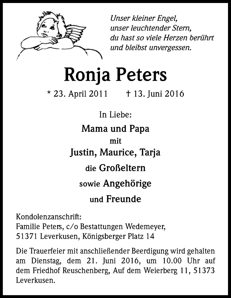  Traueranzeige für Ronja Peters vom 18.06.2016 aus Kölner Stadt-Anzeiger / Kölnische Rundschau / Express