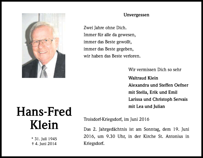  Traueranzeige für Hans-Fred Klein vom 04.06.2016 aus Kölner Stadt-Anzeiger / Kölnische Rundschau / Express