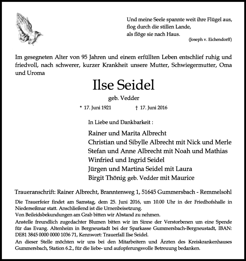  Traueranzeige für Ilse Seidel vom 21.06.2016 aus Kölner Stadt-Anzeiger / Kölnische Rundschau / Express
