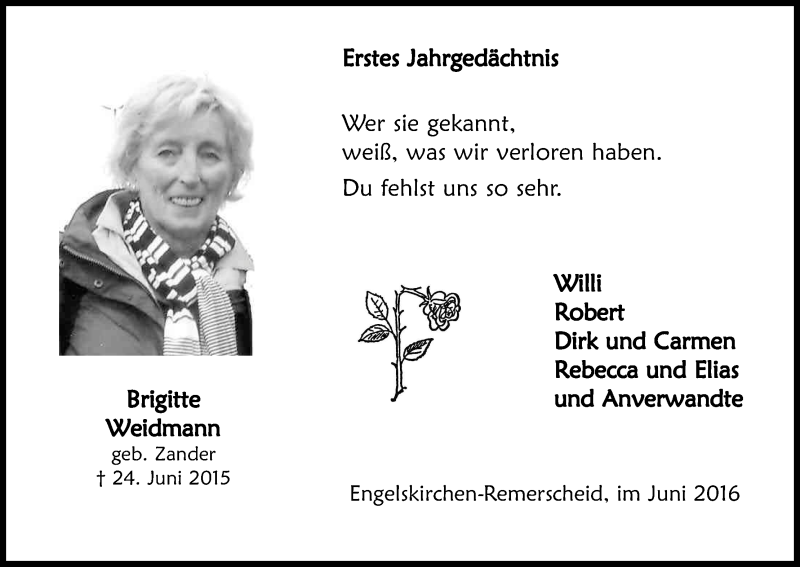  Traueranzeige für Brigitte Weidmann vom 24.06.2016 aus Kölner Stadt-Anzeiger / Kölnische Rundschau / Express