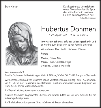Anzeige von Hubertus Dohmen von  Bergisches Handelsblatt 