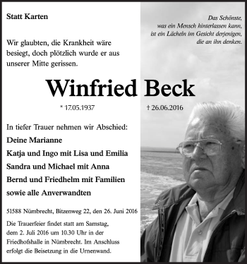 Anzeige von Winfried Beck von  Lokalanzeiger 