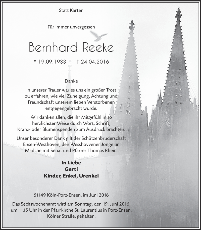  Traueranzeige für Bernhard Recke vom 11.06.2016 aus 