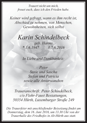 Anzeige von Karin Schindelbeck von  Wochenende 