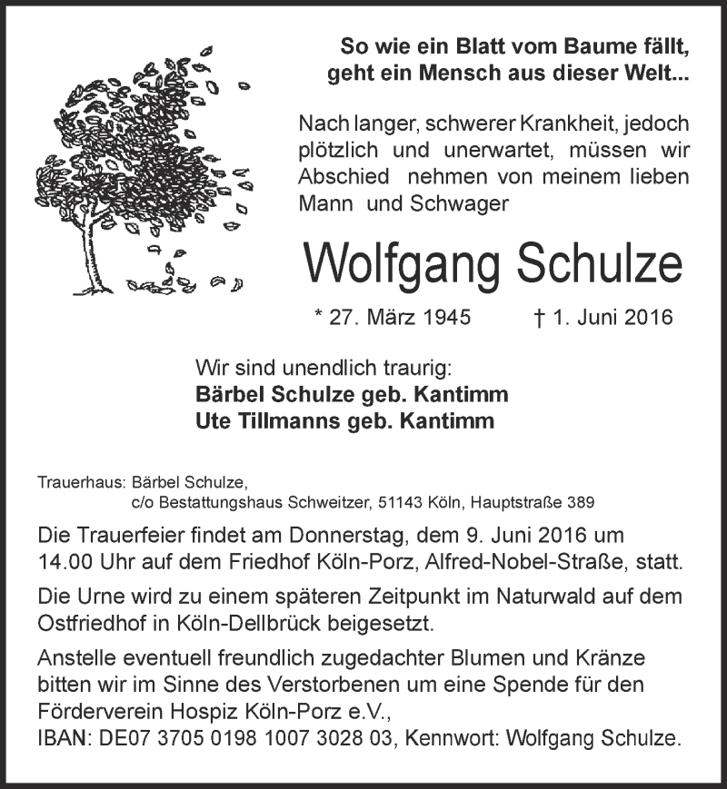  Traueranzeige für Wolfgang Schulze vom 08.06.2016 aus  Kölner Wochenspiegel 