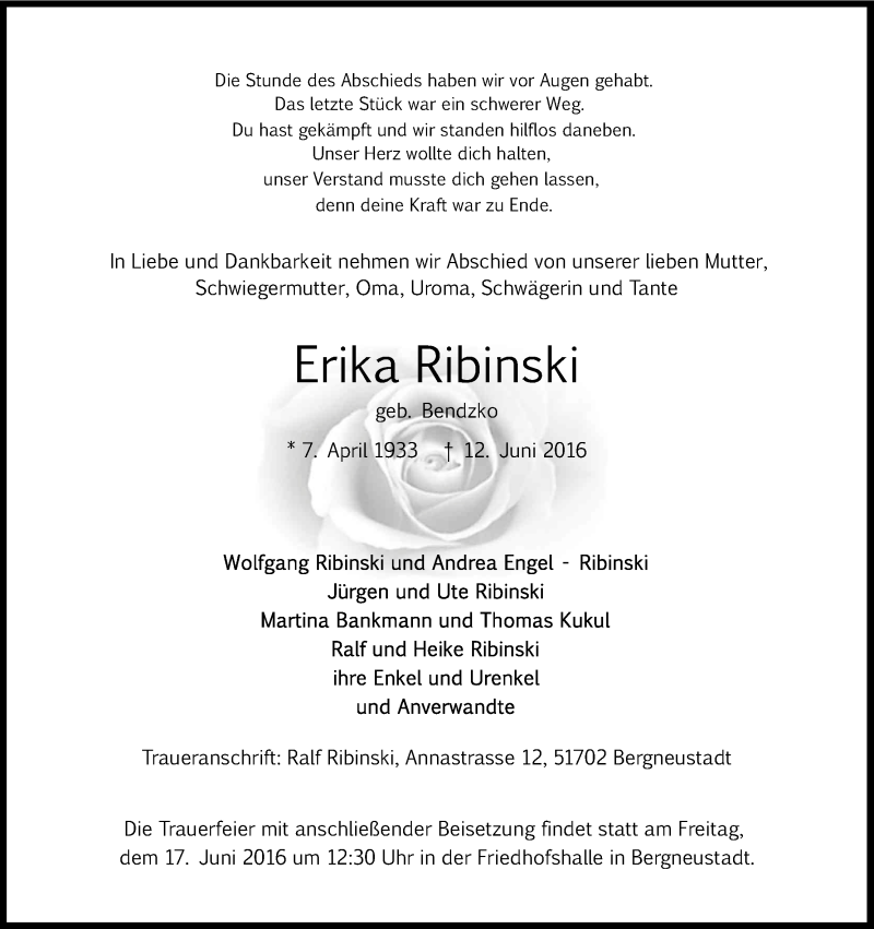  Traueranzeige für Erika Ribinski vom 13.06.2016 aus Kölner Stadt-Anzeiger / Kölnische Rundschau / Express