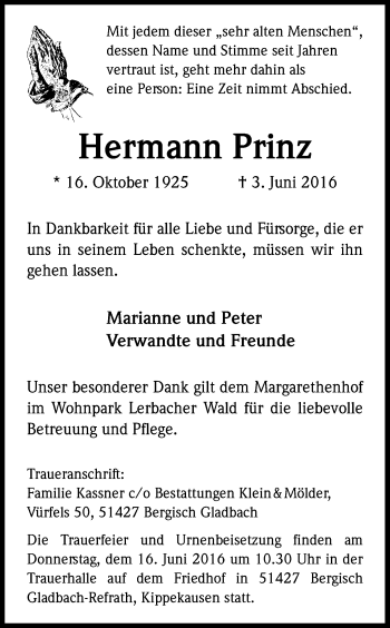 Anzeige von Hermann Prinz von Kölner Stadt-Anzeiger / Kölnische Rundschau / Express