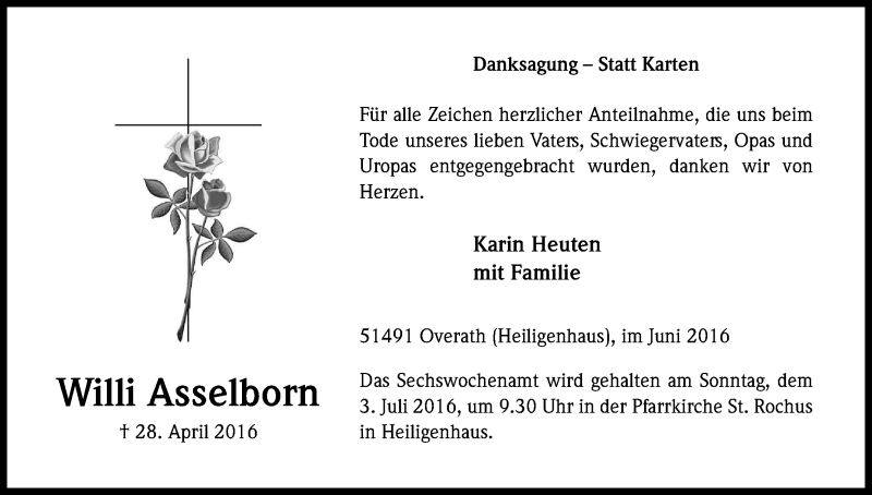  Traueranzeige für Willi Asselborn vom 25.06.2016 aus Kölner Stadt-Anzeiger / Kölnische Rundschau / Express