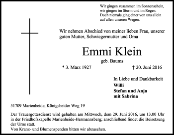 Anzeige von Emmi Klein von Kölner Stadt-Anzeiger / Kölnische Rundschau / Express