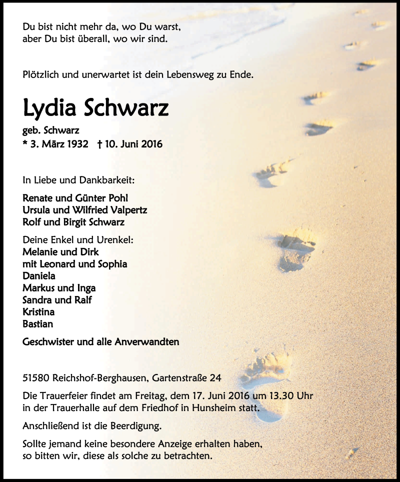  Traueranzeige für Lydia Schwarz vom 14.06.2016 aus Kölner Stadt-Anzeiger / Kölnische Rundschau / Express