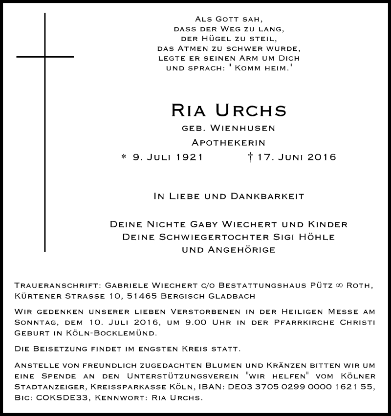  Traueranzeige für Ria Urchs vom 25.06.2016 aus Kölner Stadt-Anzeiger / Kölnische Rundschau / Express