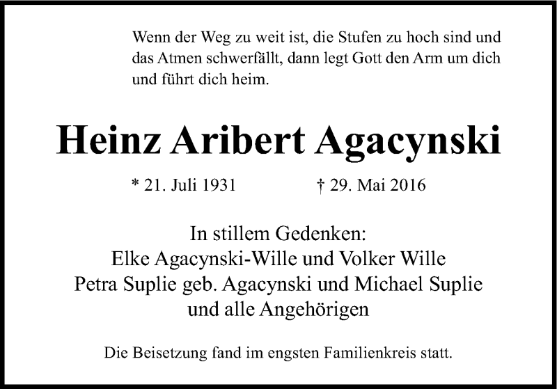  Traueranzeige für Heinz Aribert Agacynski vom 25.06.2016 aus Kölner Stadt-Anzeiger / Kölnische Rundschau / Express