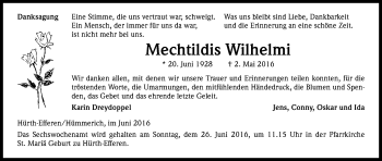 Anzeige von Mechtildis Wilhelmi von Kölner Stadt-Anzeiger / Kölnische Rundschau / Express