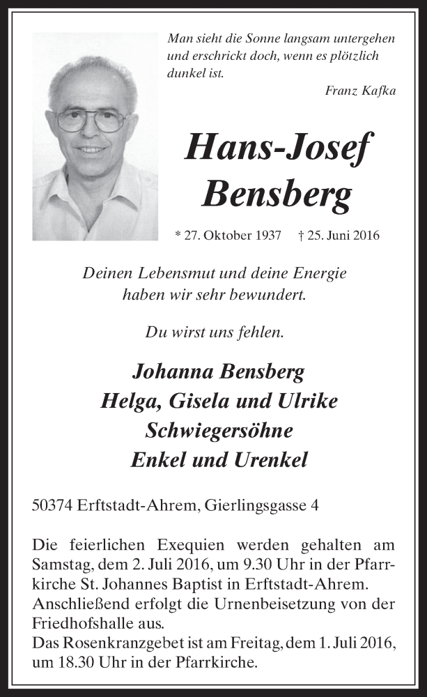  Traueranzeige für Hans-Josef Bensberg vom 29.06.2016 aus  Werbepost 