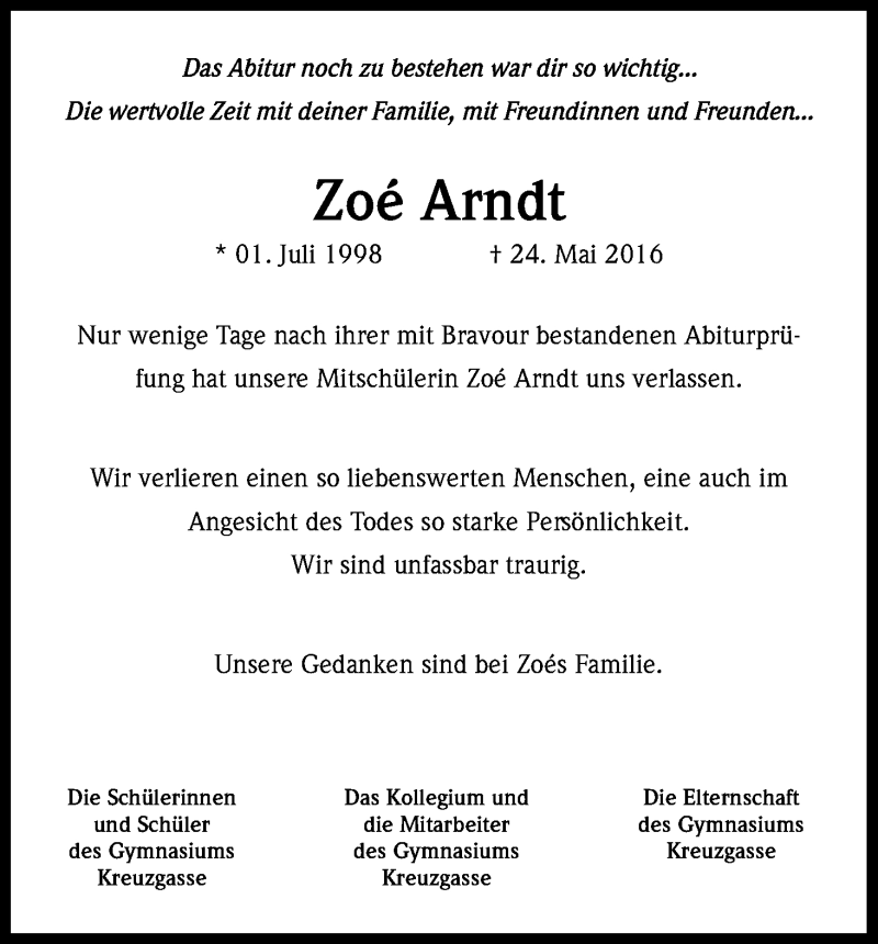  Traueranzeige für Zoé Arndt vom 18.06.2016 aus Kölner Stadt-Anzeiger / Kölnische Rundschau / Express