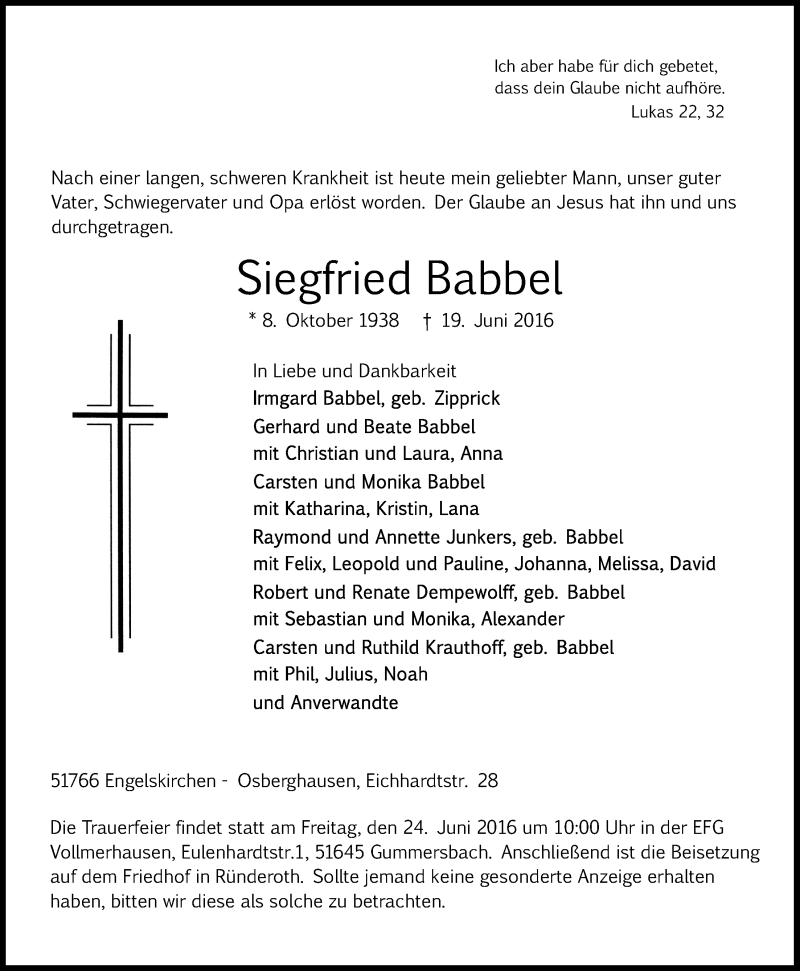  Traueranzeige für Siegfried Babbel vom 22.06.2016 aus  Anzeigen Echo 