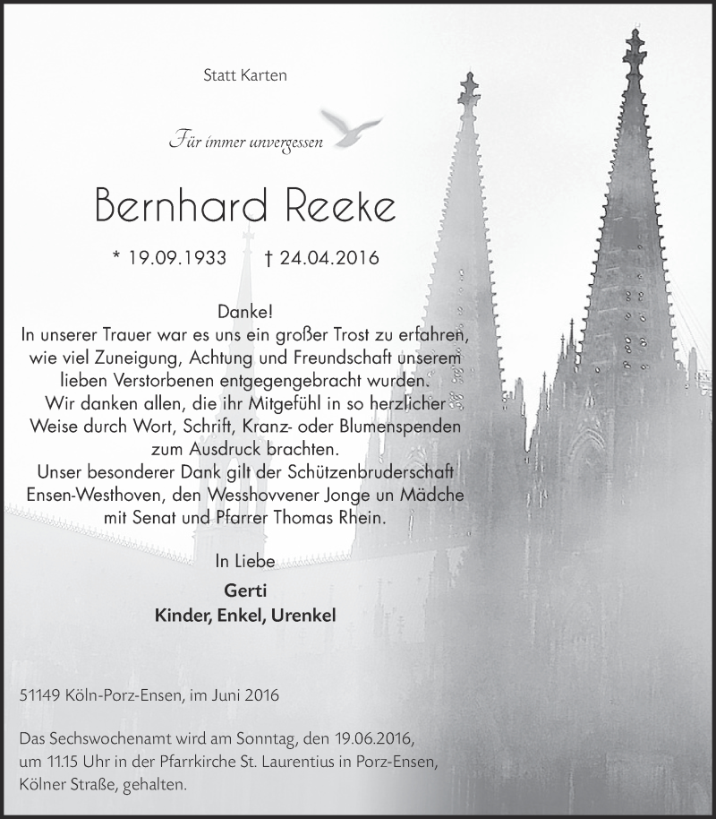  Traueranzeige für Bernhard Recke vom 15.06.2016 aus  Kölner Wochenspiegel 