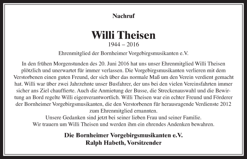  Traueranzeige für Willi Theisen vom 29.06.2016 aus  Schaufenster/Blickpunkt 