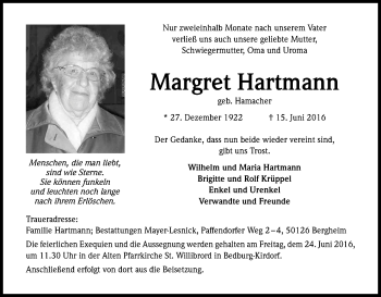Anzeige von Margret Hartmann von Kölner Stadt-Anzeiger / Kölnische Rundschau / Express
