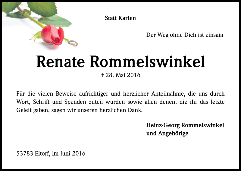  Traueranzeige für Renate Rommelswinkel vom 24.06.2016 aus Kölner Stadt-Anzeiger / Kölnische Rundschau / Express