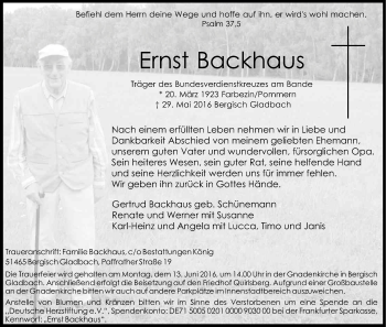 Anzeige von Ernst Backhaus von Kölner Stadt-Anzeiger / Kölnische Rundschau / Express