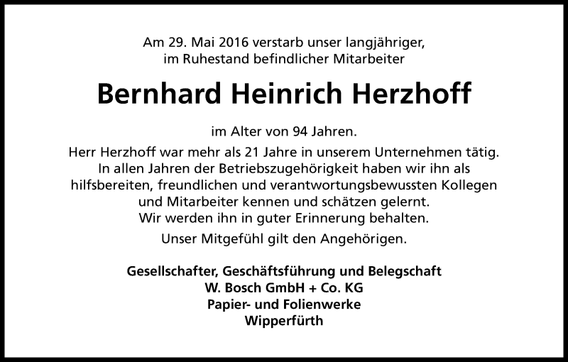  Traueranzeige für Bernhard Heinrich Herzhoff vom 04.06.2016 aus Kölner Stadt-Anzeiger / Kölnische Rundschau / Express