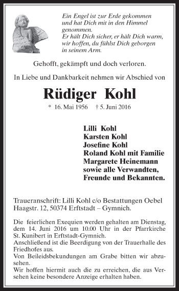 Anzeige von Rüdiger Kohl von  Sonntags-Post 