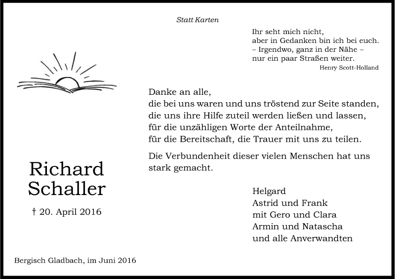  Traueranzeige für Richard Schaller vom 04.06.2016 aus Kölner Stadt-Anzeiger / Kölnische Rundschau / Express