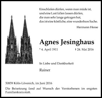 Anzeige von Agnes Jesinghaus von Kölner Stadt-Anzeiger / Kölnische Rundschau / Express