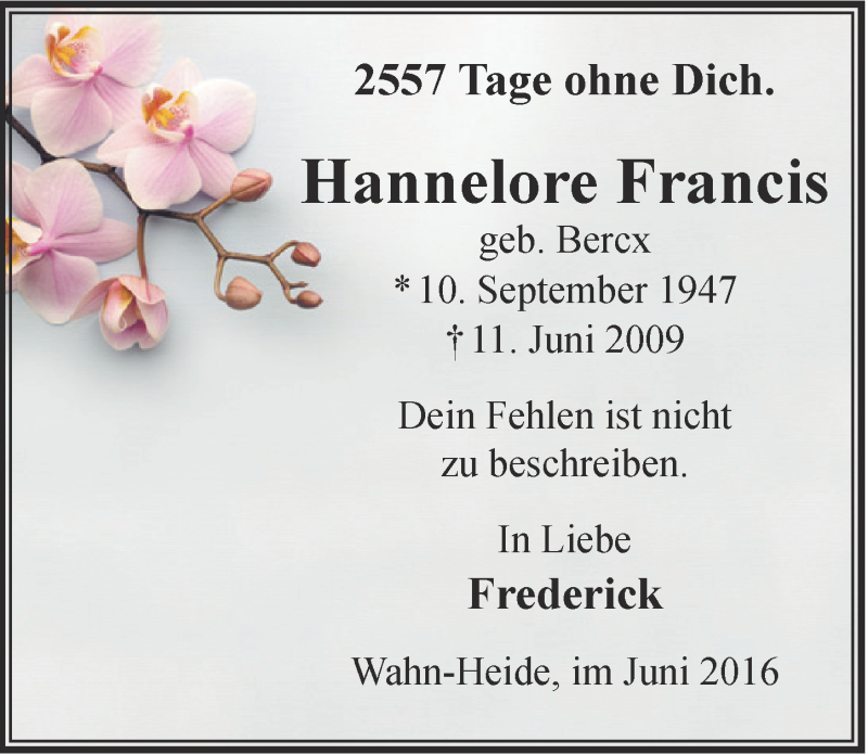  Traueranzeige für Hannelore Francis vom 15.06.2016 aus  Kölner Wochenspiegel  Extra Blatt 