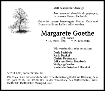 Anzeige von Margarete Goethe von Kölner Stadt-Anzeiger / Kölnische Rundschau / Express