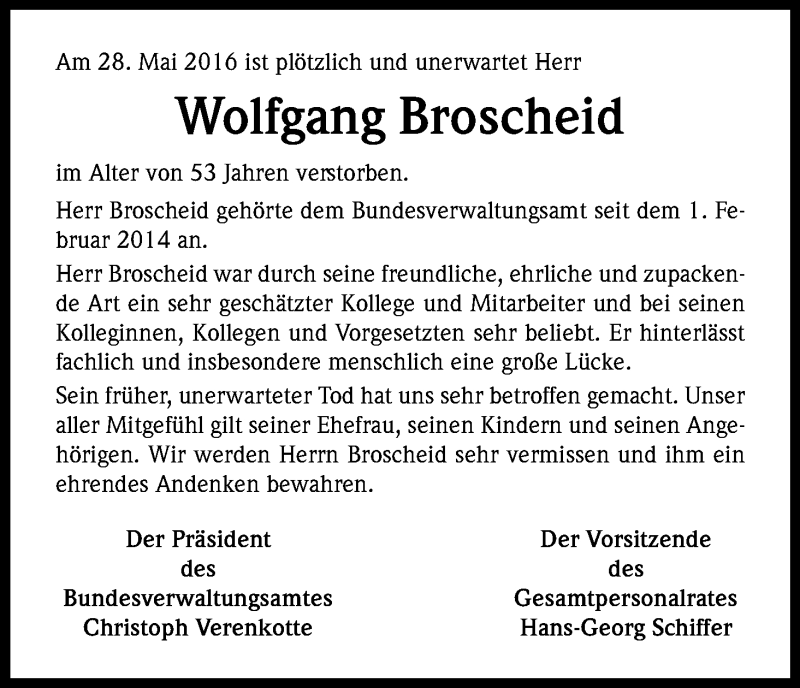  Traueranzeige für Wolfgang Borscheid vom 07.06.2016 aus Kölner Stadt-Anzeiger / Kölnische Rundschau / Express