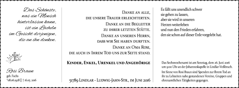  Traueranzeige für Rosi Braun vom 18.06.2016 aus Kölner Stadt-Anzeiger / Kölnische Rundschau / Express